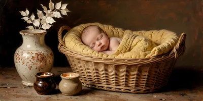 Newborn Baby Sleeping In A Wicker Basket