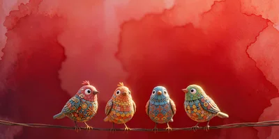 Four Colorful Mosaic Birds Perched On A Wire