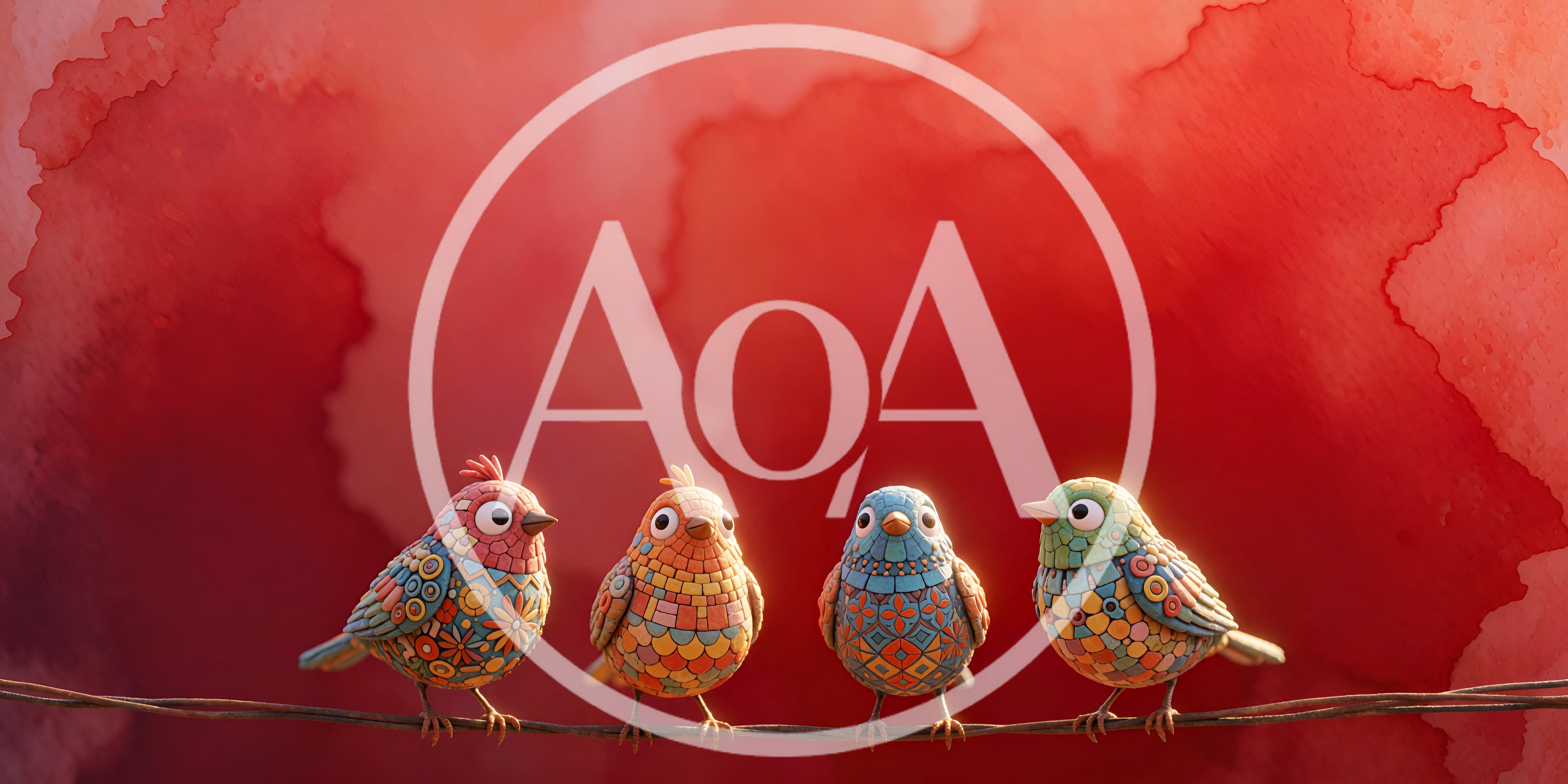 Four Colorful Mosaic Birds Perched On A Wire