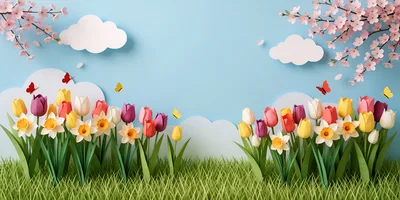 Paper Craft Spring Garden With Tulips And Daffodils