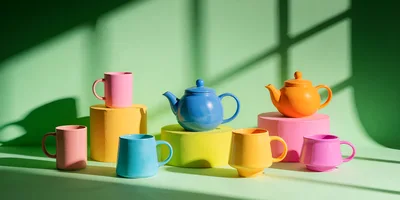 Colorful Ceramic Teapots and Mugs on Pedestals