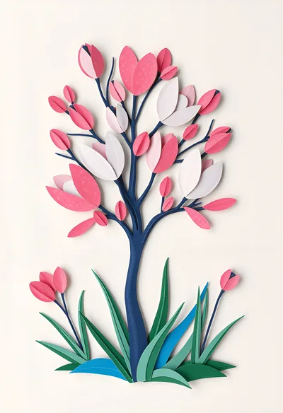 Paper Craft Tree With Pink Flowers And Green Grass