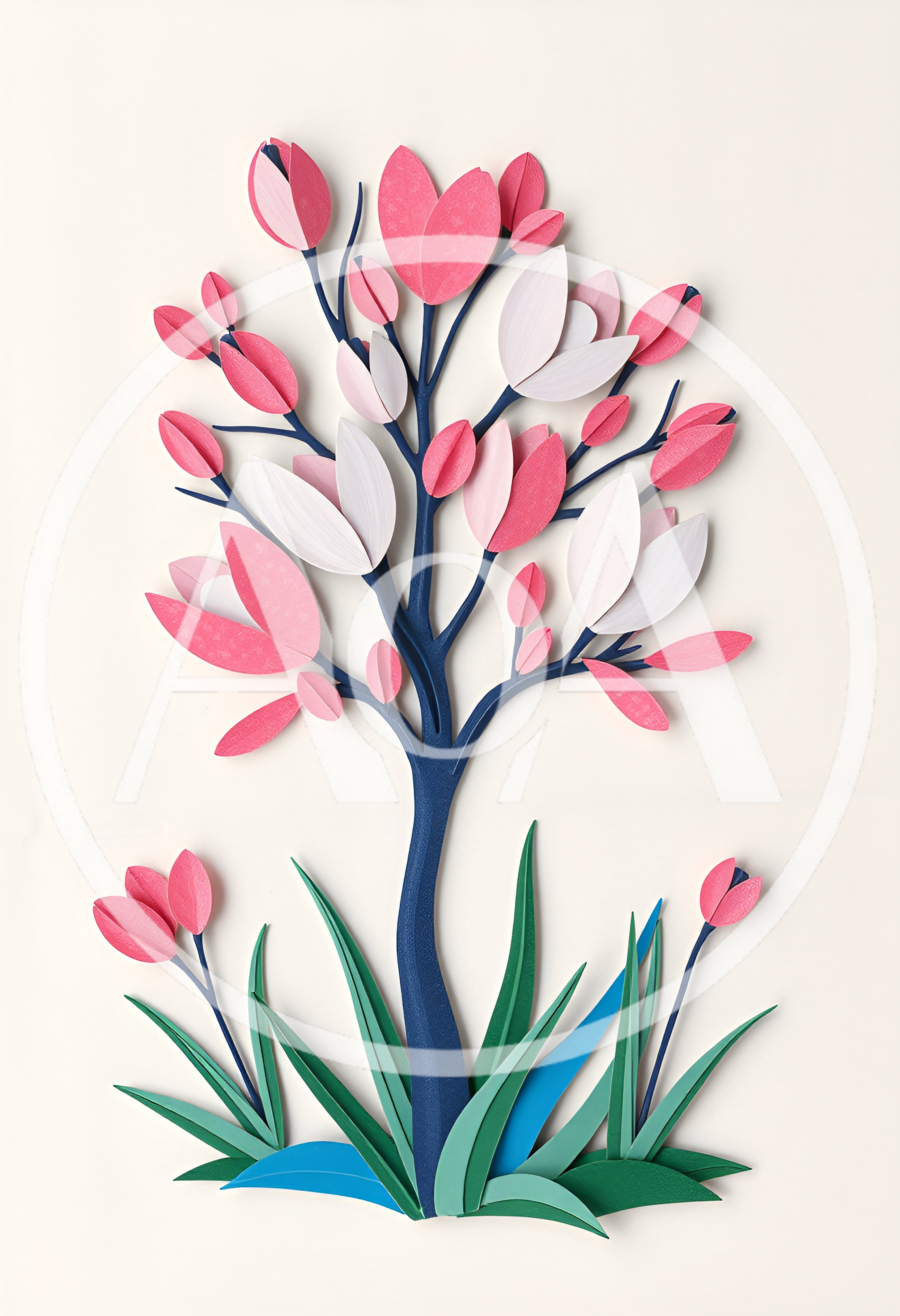 Paper Craft Tree With Pink Flowers And Green Grass