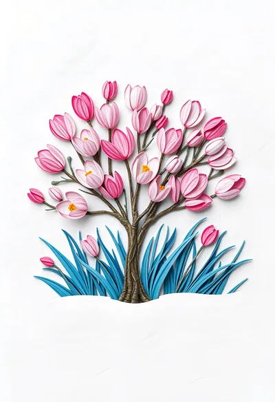Paper Quilling Art Of A Pink Flowering Tree
