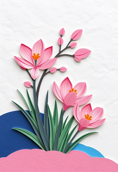 Paper Craft Illustration Of Pink Crocus Flowers
