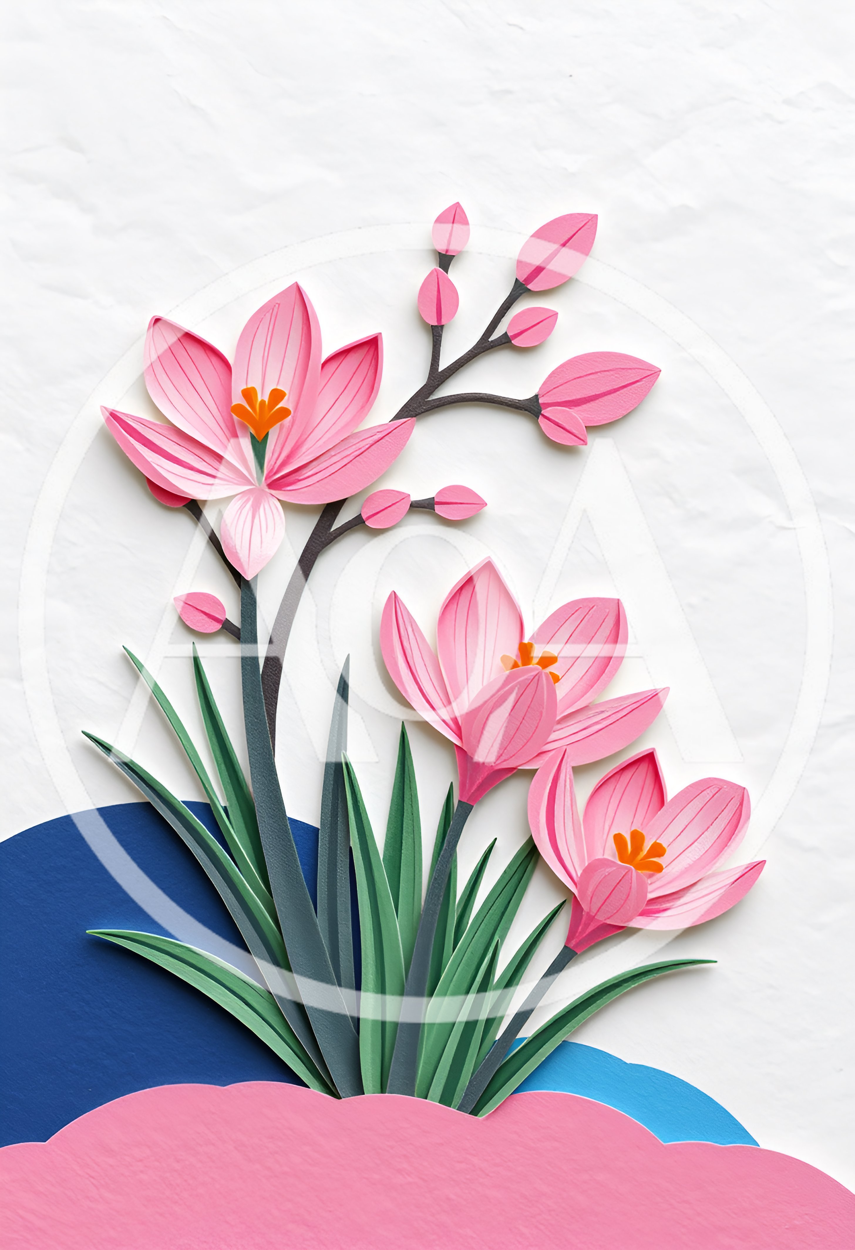 Paper Craft Illustration Of Pink Crocus Flowers