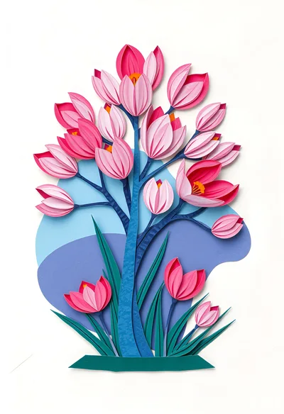 Paper Craft Illustration Of A Pink Flower Tree