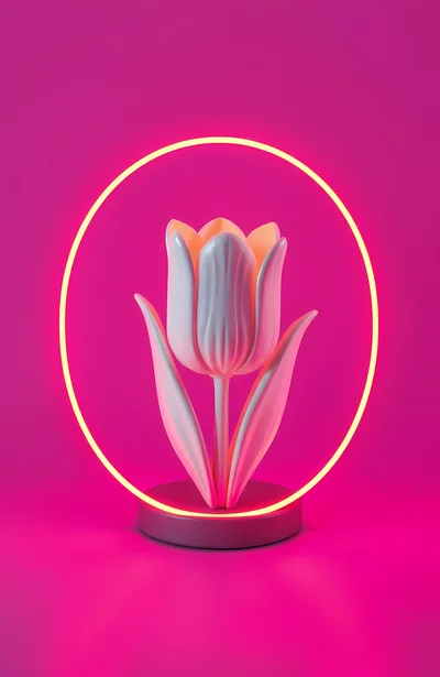 3D Rendered White Tulip With Neon Ring Light