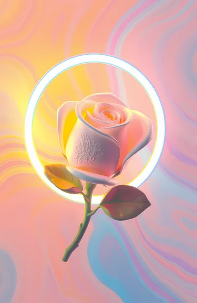 Surreal Pastel Rose With Glowing Neon Halo