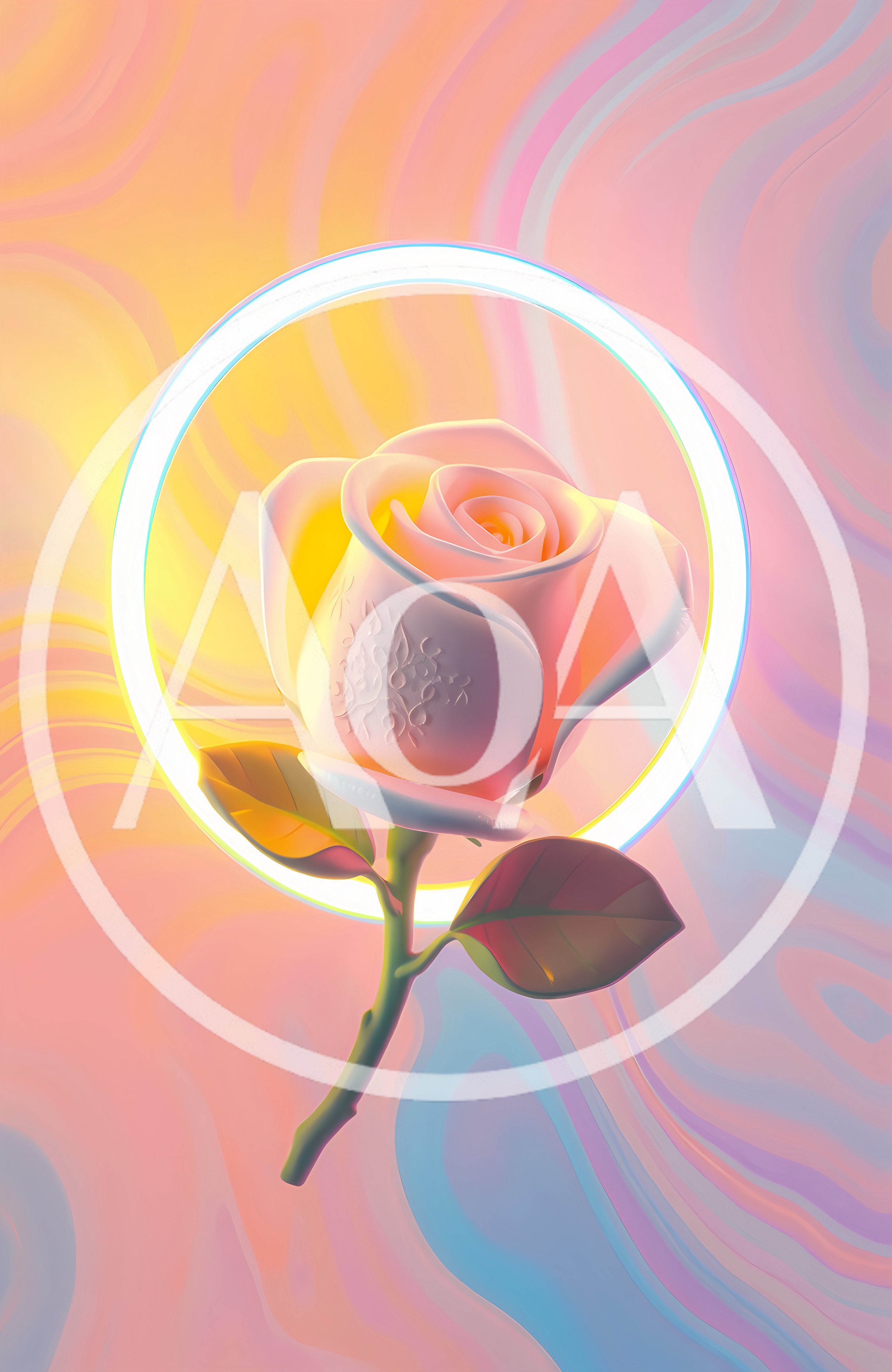 Surreal Pastel Rose With Glowing Neon Halo