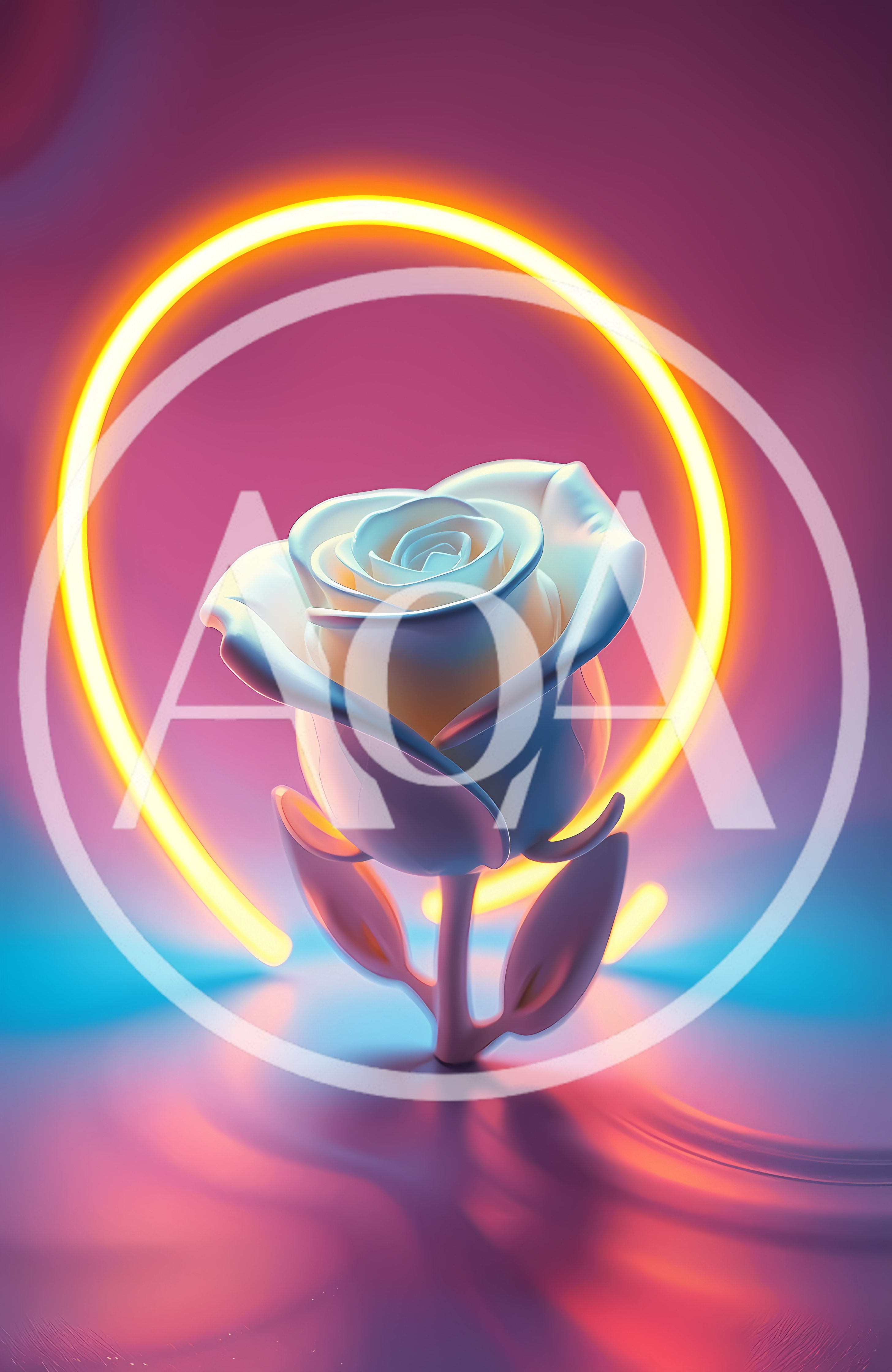 Glowing White Rose With Neon Ring Background