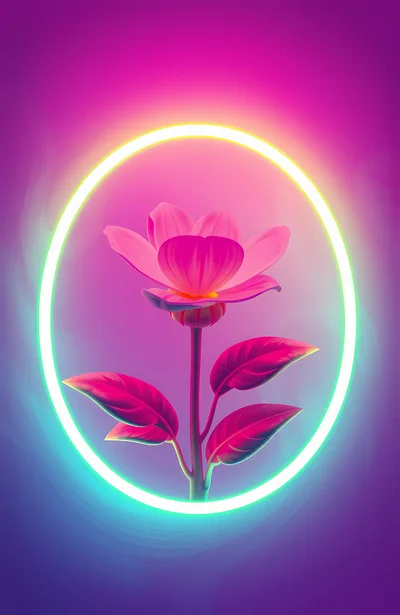 Neon Glowing Flower Inside A Radiant Elliptical Frame