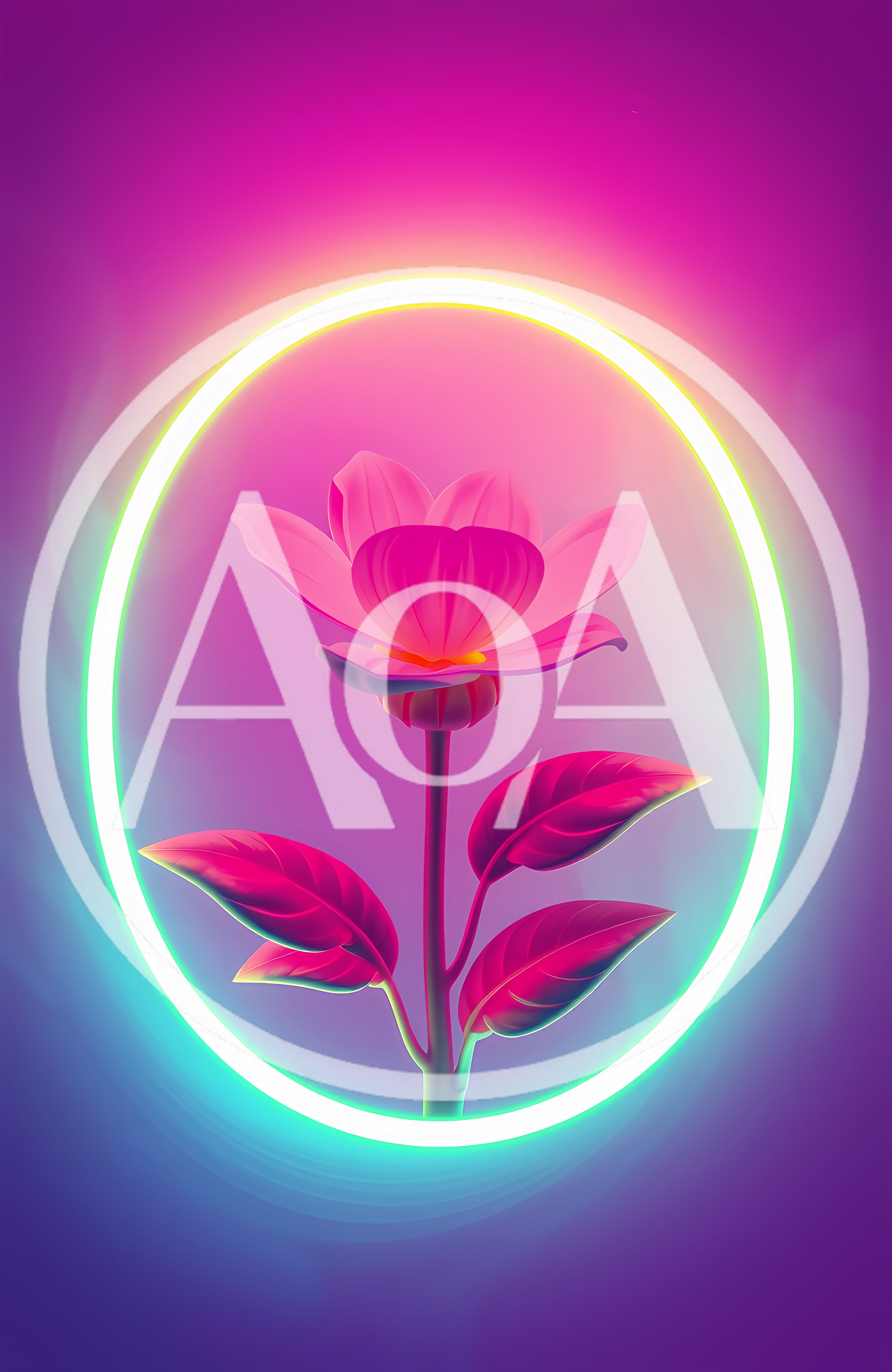Neon Glowing Flower Inside A Radiant Elliptical Frame
