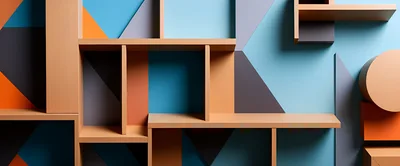 Modern Geometric Shelving Unit With Abstract Wall Art
