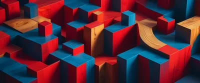 Abstract Geometric Wooden Blocks in Red and Blue