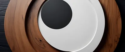 Abstract Geometric Composition With Wood And White Circles