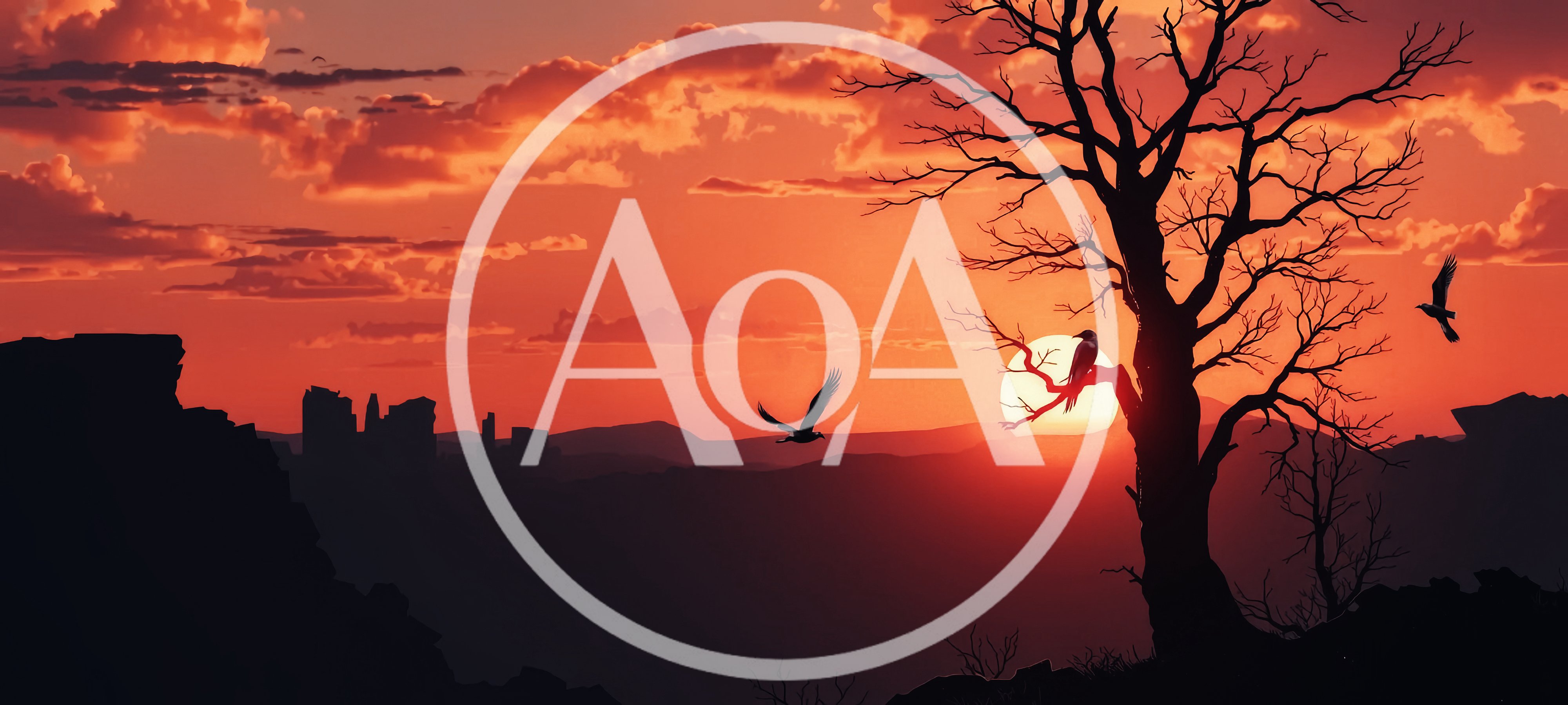 Silhouetted Birds Perched On A Dead Tree At Sunset