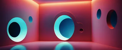 Abstract Minimalist Room With Glowing Circular Portals