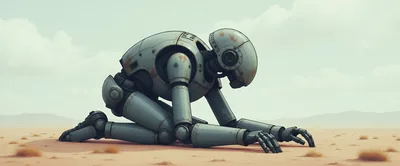 Sad Rusty Robot Kneeling In A Desert Landscape
