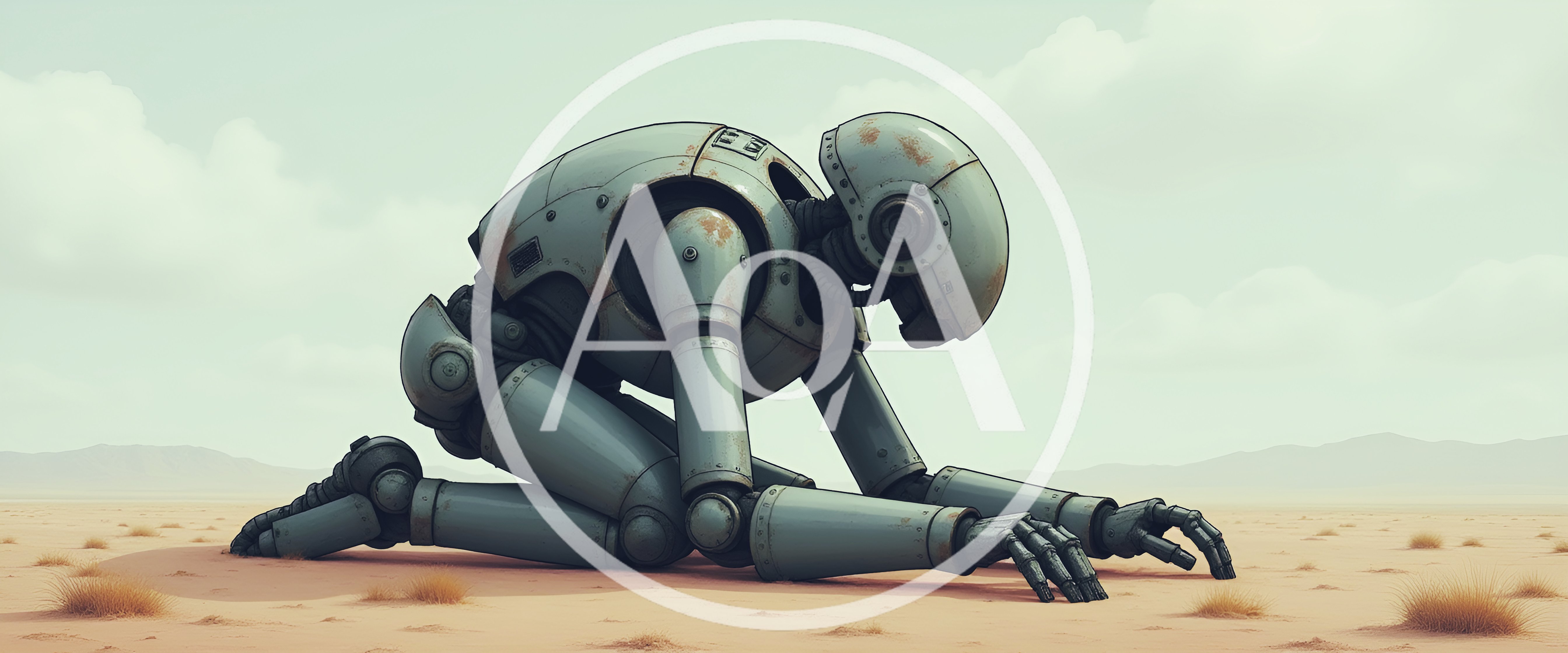 Sad Rusty Robot Kneeling In A Desert Landscape