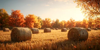 Round Hay Bales In A Golden Autumn Field