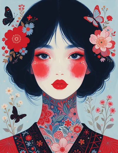 Portrait Of A Woman With Floral Neck Tattoos
