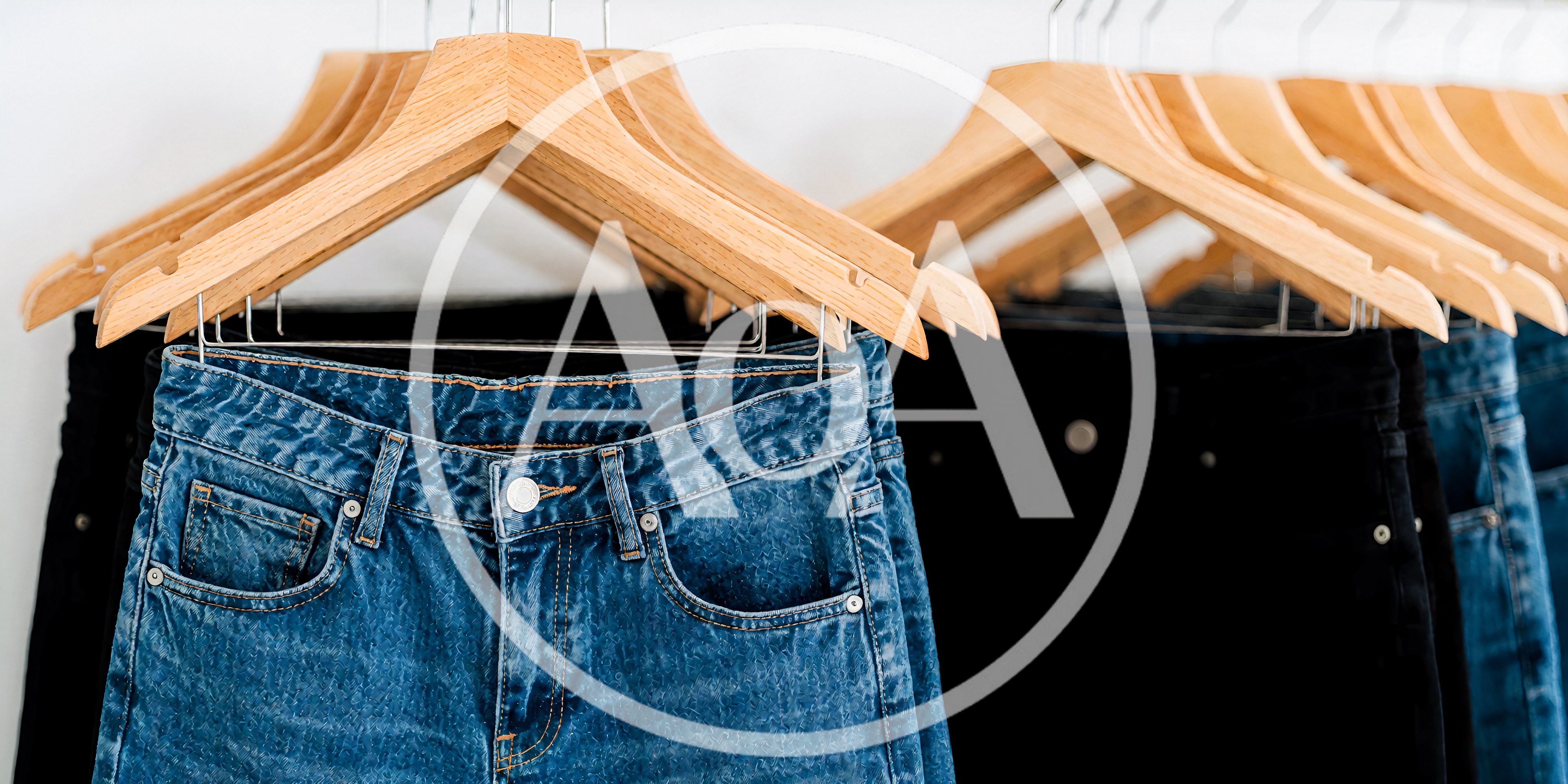 Blue And Black Denim Jeans On Wooden Hangers