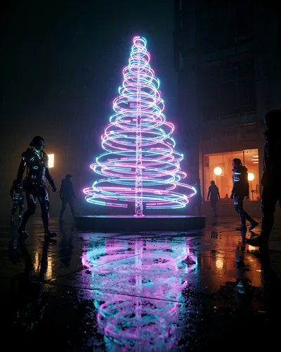 Futuristic Neon Christmas Tree In Cyberpunk City Street