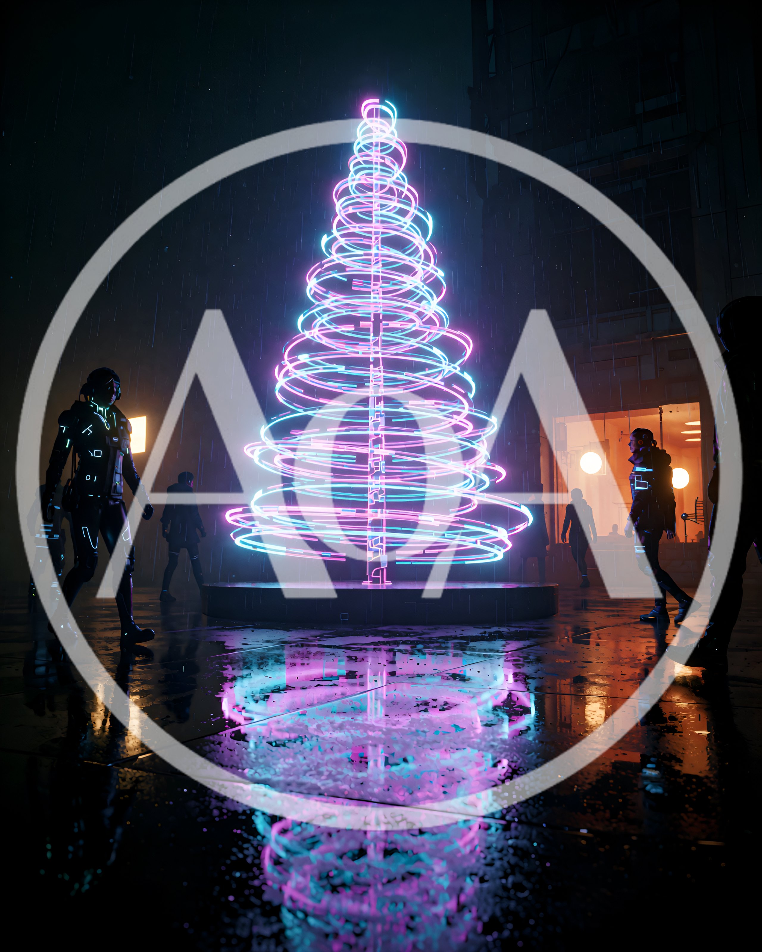 Futuristic Neon Christmas Tree In Cyberpunk City Street