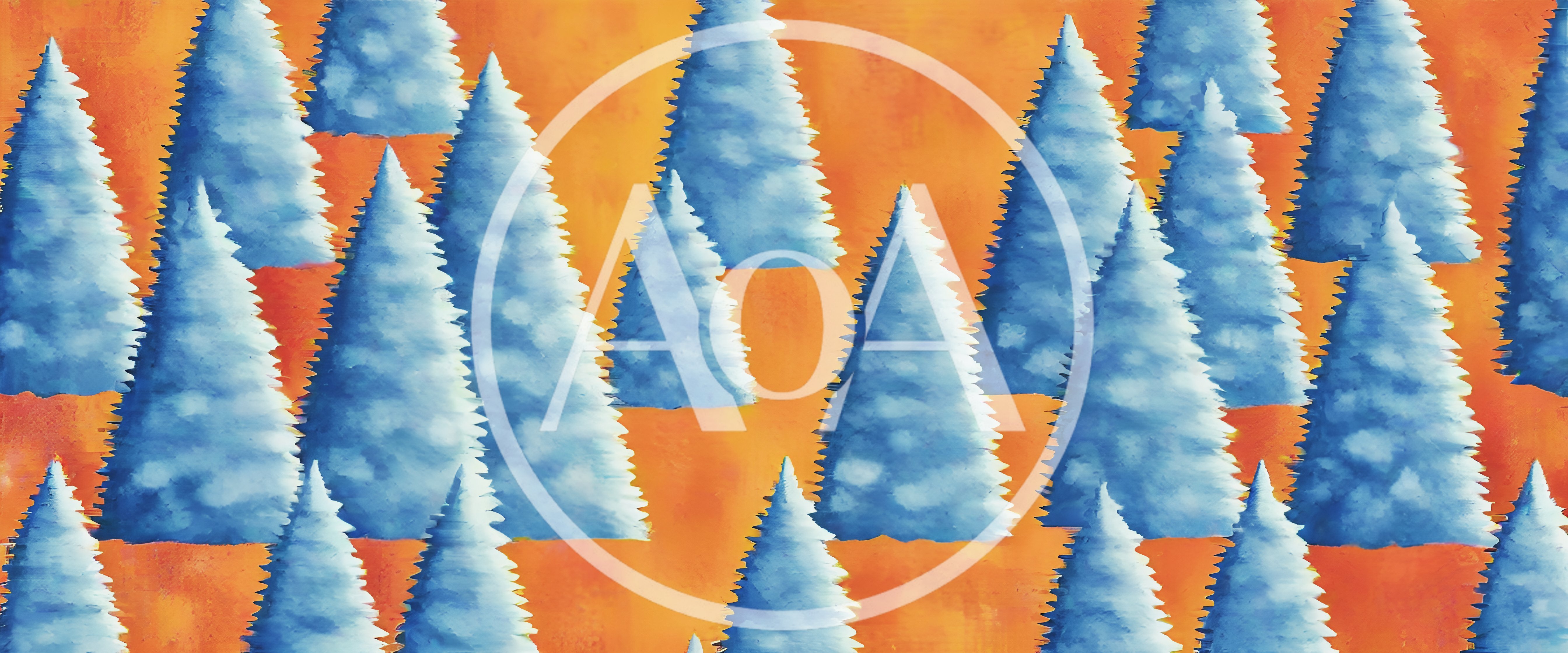 Watercolor Illustration Of Blue Pine Trees On Orange Background