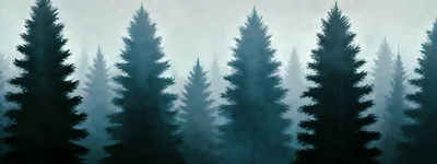 Misty Pine Forest Landscape In Blue Tones