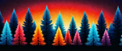 Colorful Stylized Pine Forest Against Vibrant Sunset Sky