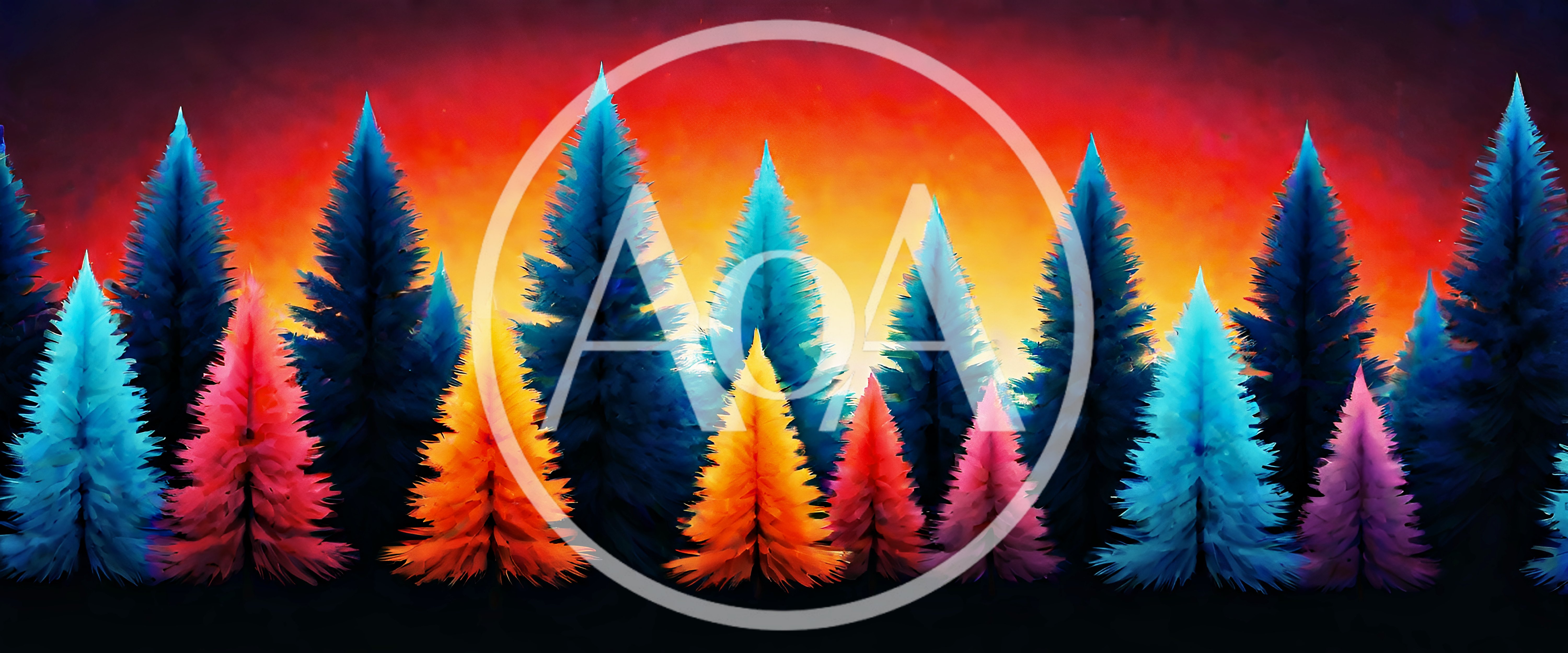 Colorful Stylized Pine Forest Against Vibrant Sunset Sky