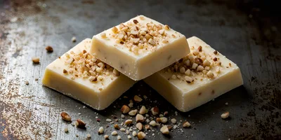 Three Squares Of White Chocolate With Chopped Nuts