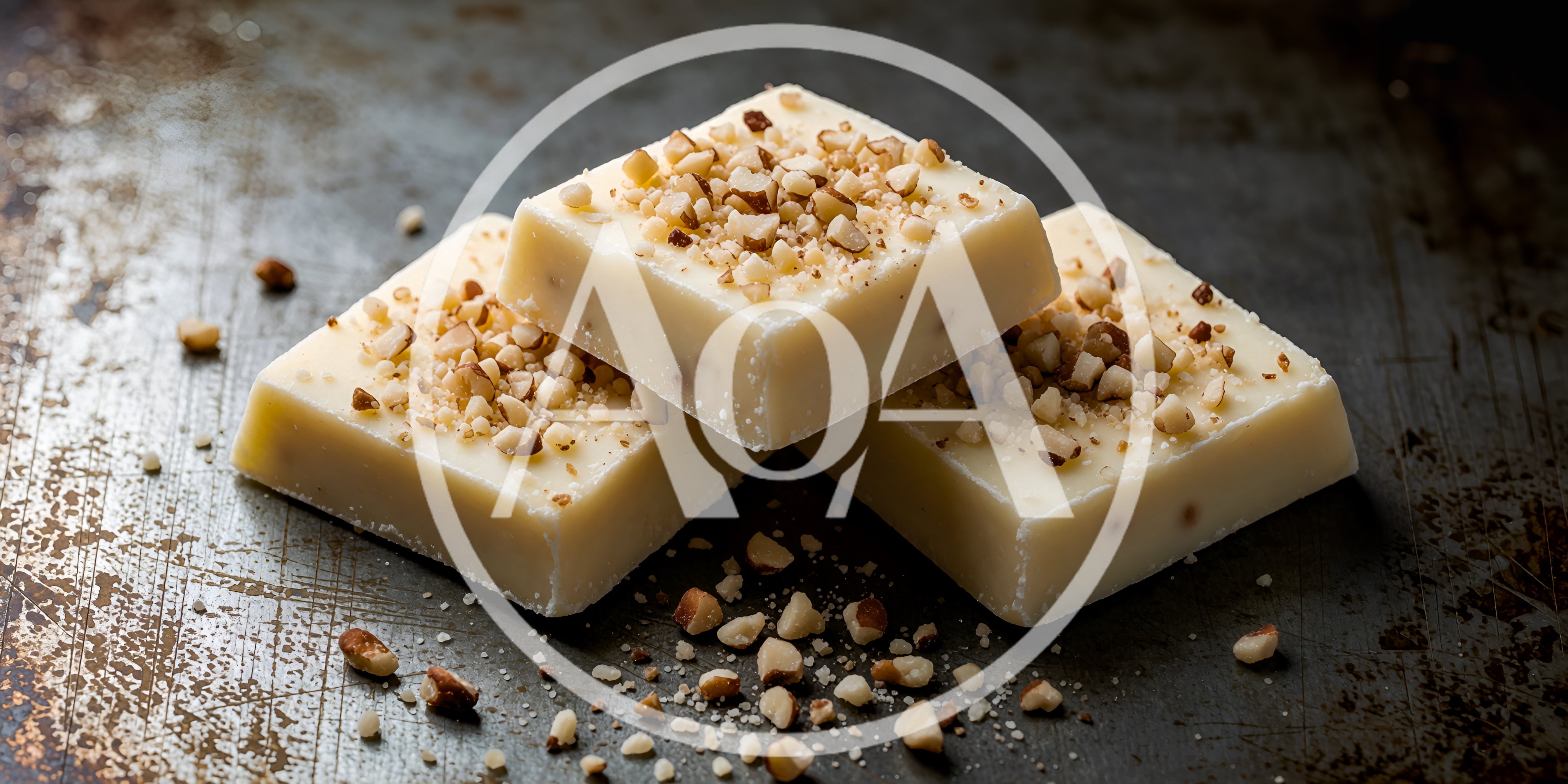 Three Squares Of White Chocolate With Chopped Nuts