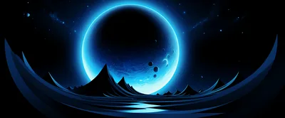 Surreal Blue Planet Over Dark Alien Mountain Landscape