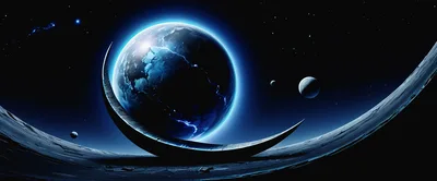 Futuristic Crescent Structure Orbiting A Glowing Blue Planet