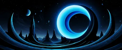 Surreal Alien Landscape With Glowing Blue Crescent Moon