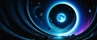 Surreal Cosmic Landscape With Glowing Moon And Planets