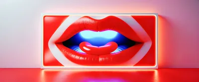 Neon Red Lips Art Installation With Glowing Blue Interior