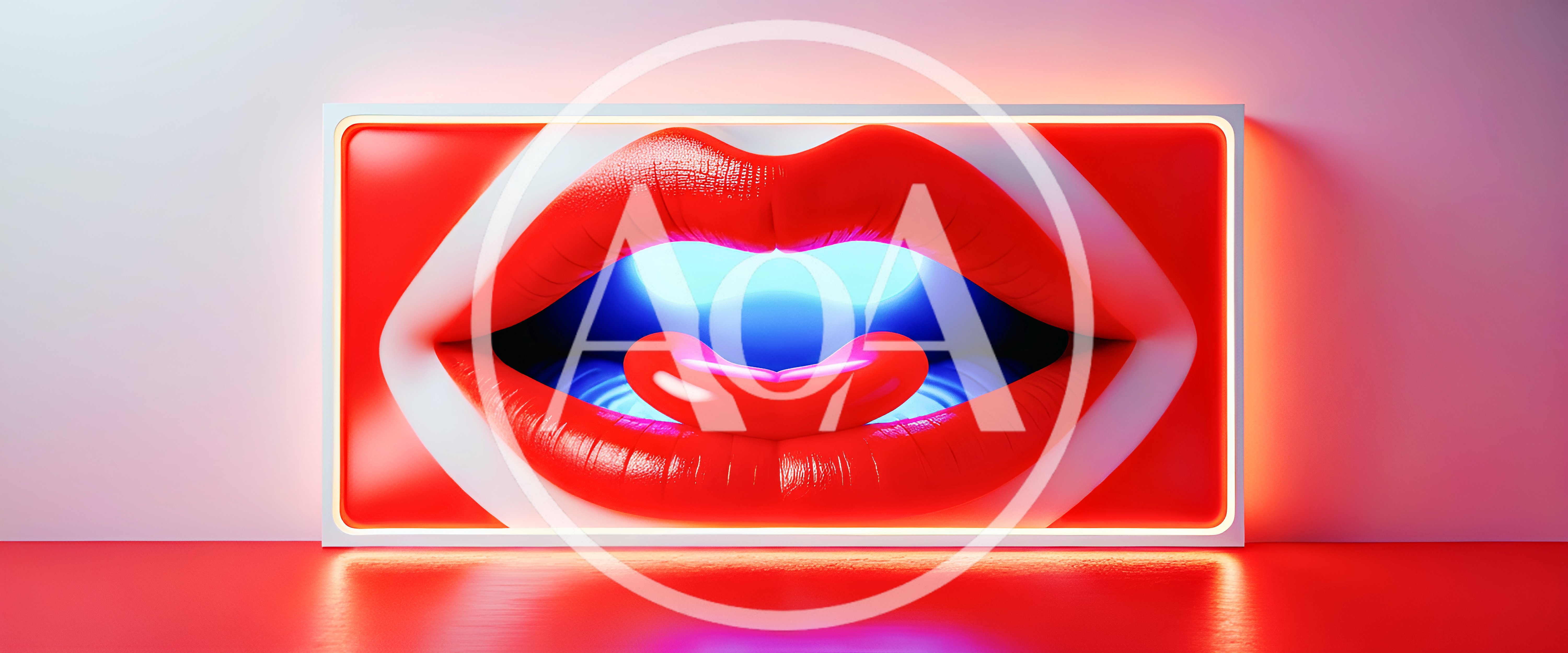 Neon Red Lips Art Installation With Glowing Blue Interior