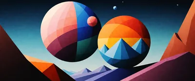 Abstract Geometric Planets Over A Stylized Mountain Landscape