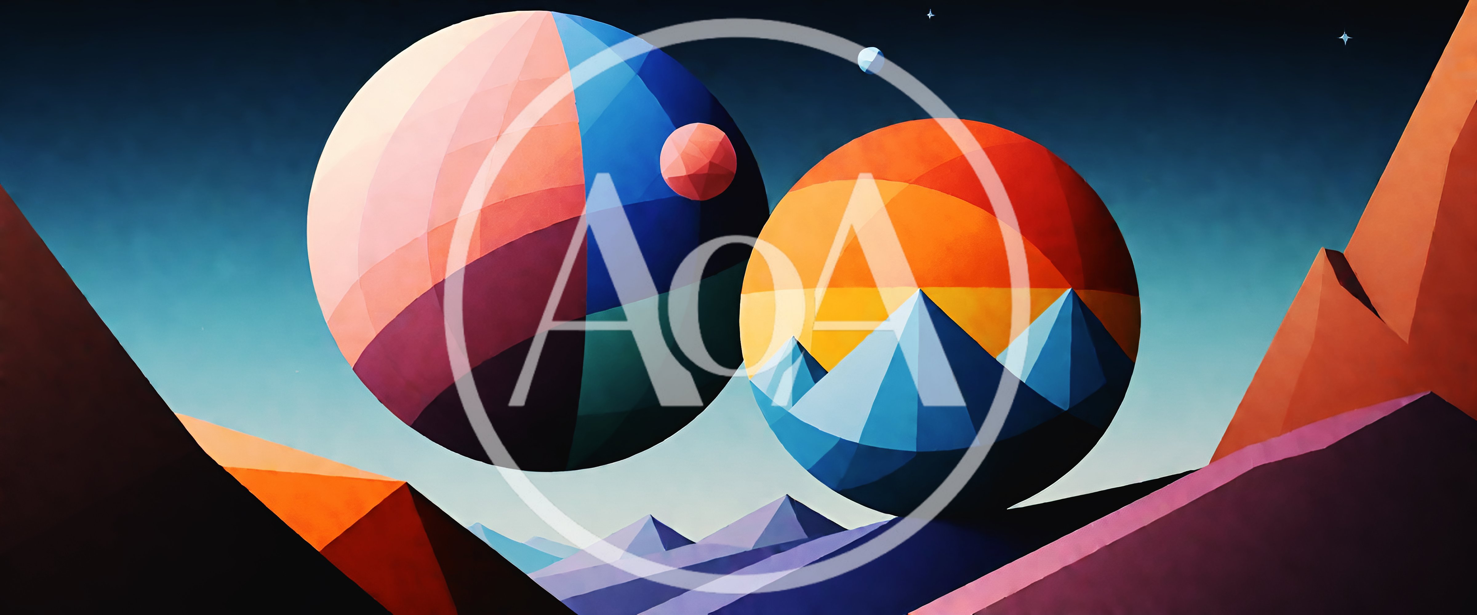 Abstract Geometric Planets Over A Stylized Mountain Landscape