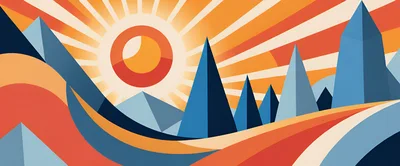 Abstract Geometric Landscape With Sun And Mountains