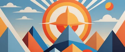 Abstract Geometric Mountain Landscape With Radiant Sun