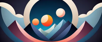 Abstract Geometric Mountain Landscape With Floating Orbs