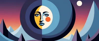 Surreal Stylized Moon Face Over Mountain Landscape