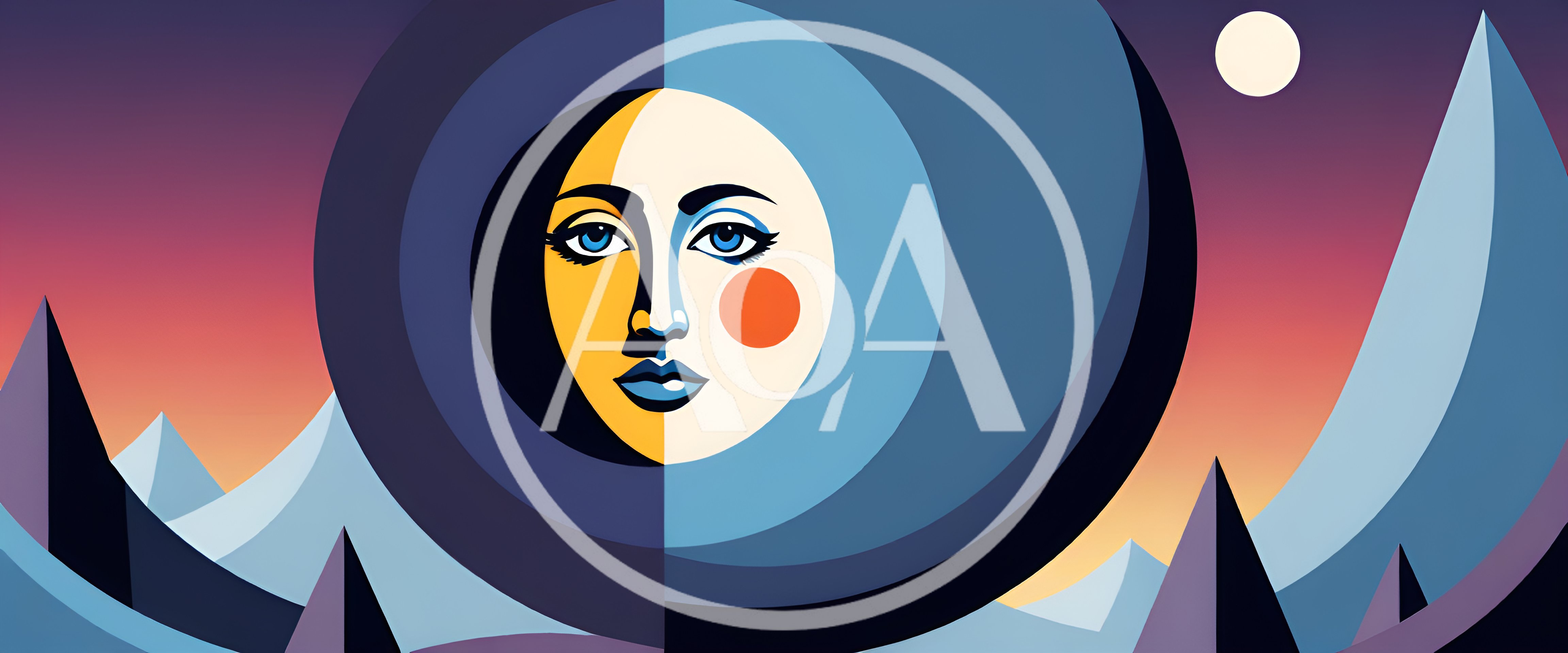 Surreal Stylized Moon Face Over Mountain Landscape