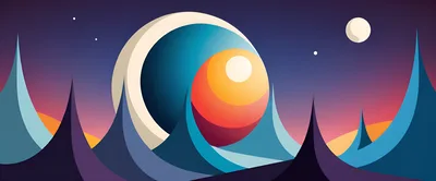 Abstract Surreal Landscape With Geometric Mountains And Planets