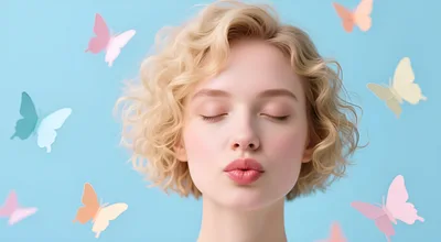 Young Woman With Blonde Hair Posing With Paper Butterflies